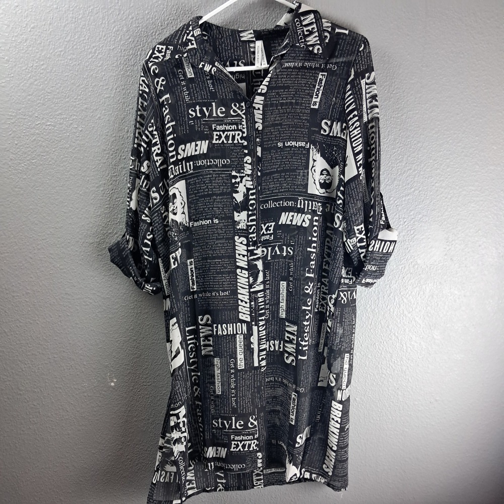 Live 4 Truth Womens‎ M Newspaper Print Sheer Long Sleeve Button Down Shirt